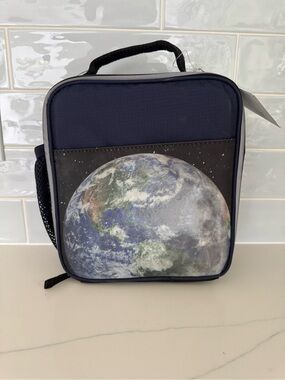 Pottery Barn Kids Navy Earth Print Lunch Bag